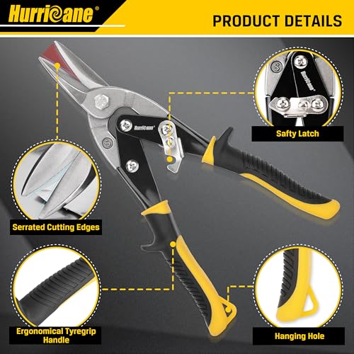 HURRICANE 3 pc Aviation Tin Snips Set, 10 Inch Metal Shears for Straight, Left & Right Curves, Cr-V Steel Blades, Non-Slip TyreGrip Handle, Safety Latch, for Sheet Metal, Gutter, HVAC, DIY - size: 3 Piece Regular Set: Straight, Left, Right