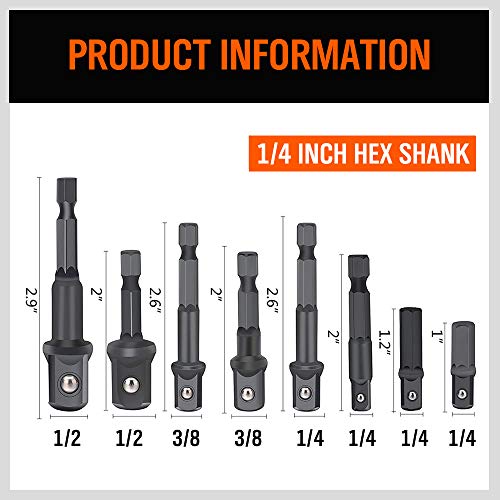8-Piece Impact Sockets Adapter Sets, Hex Shank 1/4" 3/8" 1/2" - color: 8 Pcs Impact Sockets Adapters