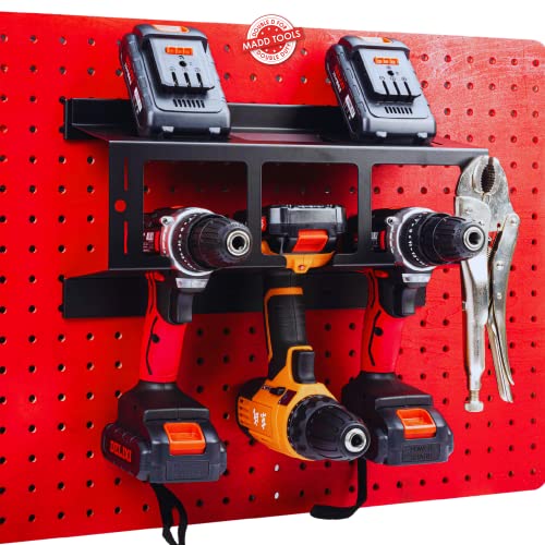 Heavy Duty Pegboard Drill Holder, 3 Drill Storage Rack with Hooks & Pegs