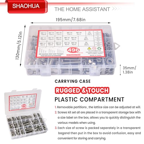 M5 M6 M8 Nuts and Bolts Assortment Kit 12mm-40mm, Metric Bolt Assortment 304 Stainless Steel Bolts and Nuts Kit, Hex Head Cap Screws Kit, Flat & Spring Lock Washer with Wrench, Silver, 496PCS, SHAOHUA - size: H. M5 M6 M8