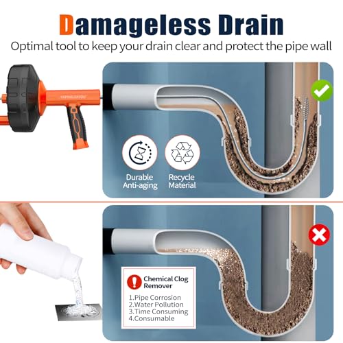33-Feet Drain Snake Auger Kit, Plumbing snake, Manual or Electric drain snake with Auto-Retract/Feed, for Kitchen, Bathroom, Shower, and Floor Drain sauger，Include Gloves Storage Bag etc (orange) - color: Orange Black