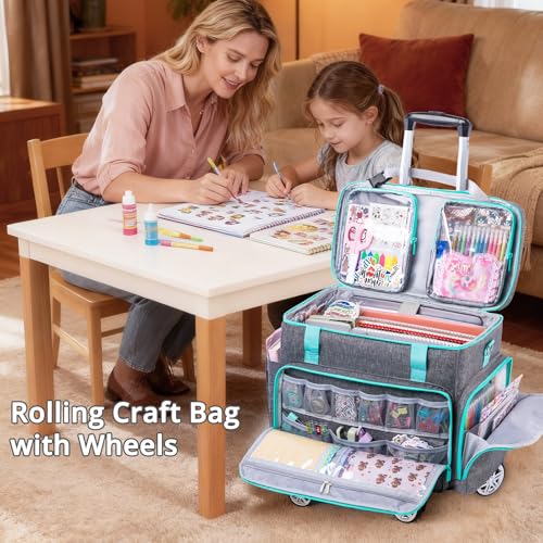 AMOIGEE Rolling Craft Bag with Wheels for Sewing Machine & Craft Supplies - color: Grey - Teal, size: With Wheels