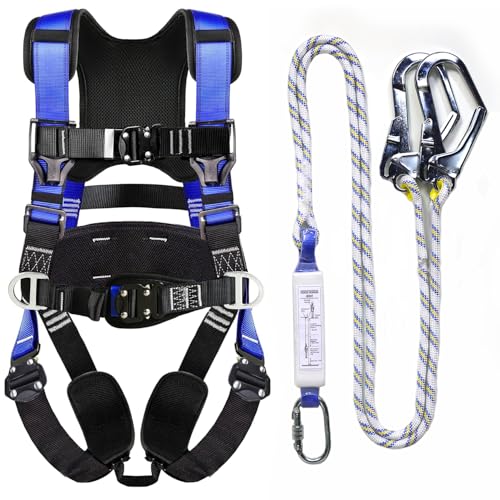 Fall Protection Premium Safety Harness with Shock Absorbing Lanyard, Vented & Padded Shoulder, Legs & Back - Upgrade 4 Quick Buckles (Blue) - color: Blue