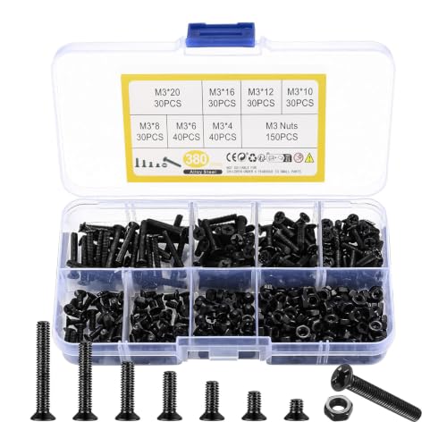 M3 Flat Head Machine Screws and Hex Nuts Kit, 380 Pcs Black Countersunk Head Phillips Screws Bolts Nuts Assortment Kit - M3 x 4mm/ 6mm/ 8mm/ 10mm/ 12mm/ 16mm/ 20mm - size: M3