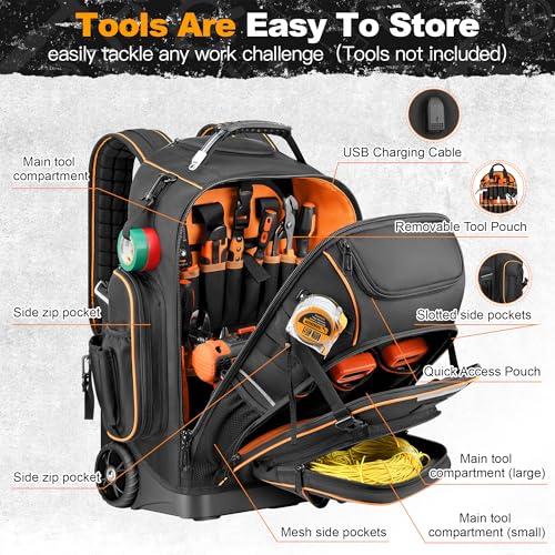 Tool Backpack, HVAC Tool Bag with Molded Base, Full Opening Electrician Tool Backpack for Men Heavy Duty, Tools Organizer Bags for Jobsite Work Handyman, Large Pockets & Combination Lock