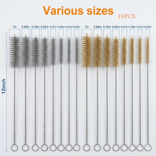 16Pcs Brass Stainless Steel Wire Brushes Tube Cleaning Bottle Brush Set