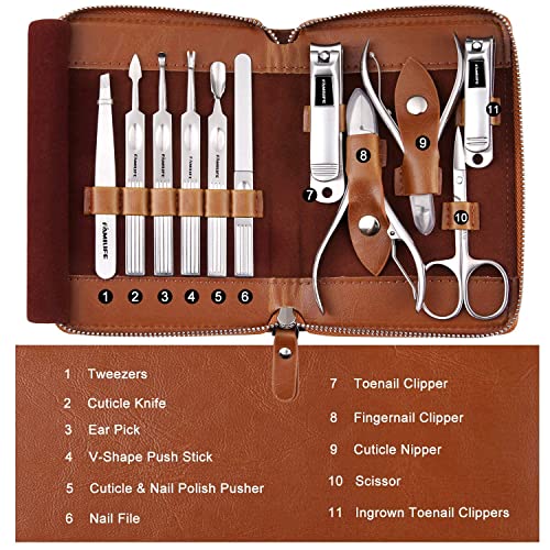 FAMILIFE Stainless Steel Manicure Set 11-in-1 Professional Nail Clipper Kit | Portable Leather Travel Case, Pedicure & Grooming Tools for Fingernails & Toenails, Luxury Gifts Set for Men & Women, Brown - color: Brown