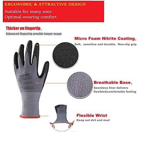 LOCCEF Safety Work Gloves MicroFoam Nitrile Coated-12 Pairs,Seamless Knit Nylon Gloves,Home Improvement,Micro-Foam Gloves - color: Grey-12 Pairs
