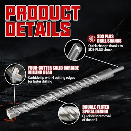 CSOOM SDS Plus Rotary Hammer Drill Bit 1-1/8"x18.11", Professional Concrete Drill Bit for Concrete, Brick, Stone and Cement Walls - size: 1-1/8"x18.11"