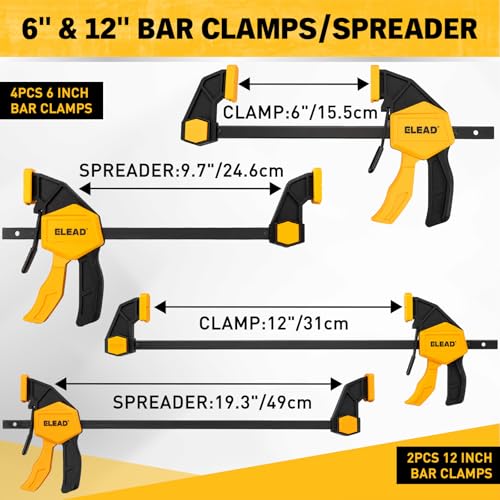 10-Piece Bar Clamps for Woodworking, 4PCS 6-inch & 2PCS 12-inch One-Handed F Clamp/Spreader with 132 LBS Load Limit, Spring Clamps, 90° Angle Clamp, Quick Release Grip - style: 10-Piece