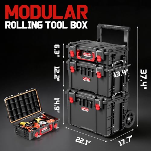 JEKO&JEKO 3-Piece Rolling Modular Tool Box System with Large Rolling Tool Box & Small Parts Organizer for Garage Storage, DIY Projects, Professional Use & Home Repairs