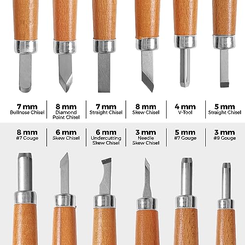 Schaaf Tools Wood Carving Kit, 12-pc mini chisel set, large handles
