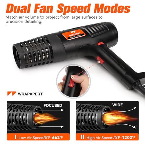 WRAPXPERT Heat Gun for Vinyl Wrap 1600W 122℉-1202℉ with 2 Air Speeds Variable Temperature, Fast Heating Heavy Duty Hot Air Gun for Car Wrap, Window Tint, Crafts, Shrinking Tubing, Stripping Paint - color: Black