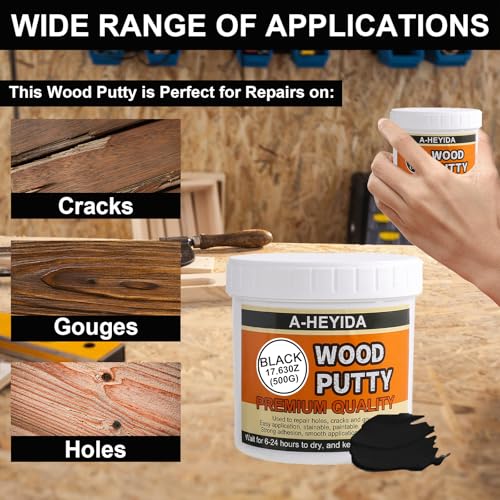 Black Wood Filler Putty Repair Kit - 17.63 Ounce, Paintable, Sandable, Restore Wood Cracks and Holes on Furniture, Hardwood Floor, Door, Cabinet - color: Black, size: 17.63Ounce