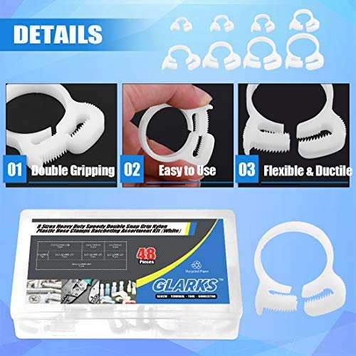 Glarks 48Pcs 8 Size Heavy Duty White Double Gripping Nylon Hose Clamps Set, 6.6-27.2mm Plastic Snap Ratcheting Clamps Assortment Kit (White 48Pcs)