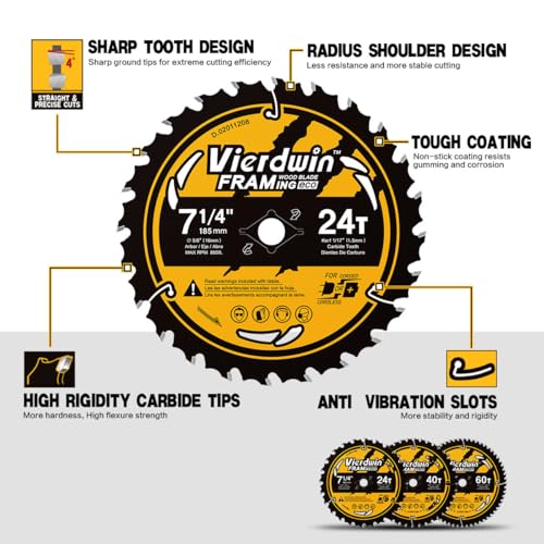 3-Pack 7-1/4-Inch 24T/40T/60T Carbide Circular Saw Blades for Wood - size: 7-1/4'' (24T+40T+60T)