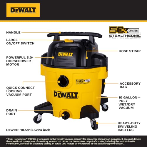 DEWALT Stealthsonic 10 Gallon 5HP Quiet Shop Vacuum Wet and Dry, DXV10P-QTA - size: 10 Gallon