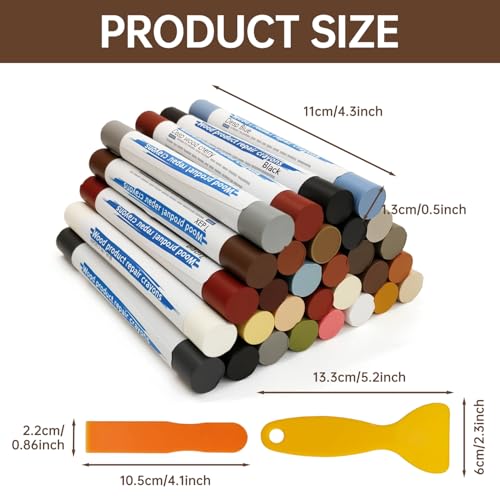 30+2P Wood Filler Sticks, 30 Colos Wood Filler Putty Wax Crayons Furniture Repair Kit Putty Stick for Baseboard Cabinets Furniture Floors(with 2 Scrapers)