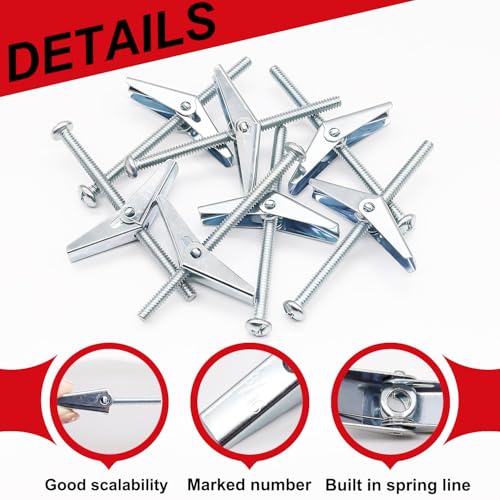 192Pcs 1/8 Inch Toggle Bolts, Heavy Duty Drywall Anchors and Screws Kit, Butterfly Anchors Toggle Bolts and Wing Nut Kit with Nuts Washers for Hollow Wall, Ceiling (48 Sets) - color: Silver - 1/8"