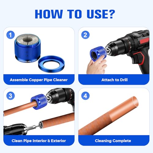 9Pcs 1/2", 3/4" & 1" Copper Pipe Cleaner Set, 3 Steel Brushes & 3 Replacement Brush Strips 16/22/28mm, Copper Cleaning Tool with 1/4" Hex Shank, for Efficiently Cleaning Copper, Brass and Steel Pipes