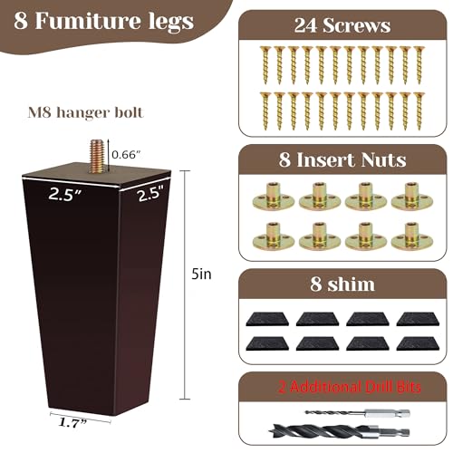 Couch Legs Square Bed Feet, 5 inch, Dark Brown, Set of 8 - color: 8sets, size: 5inch
