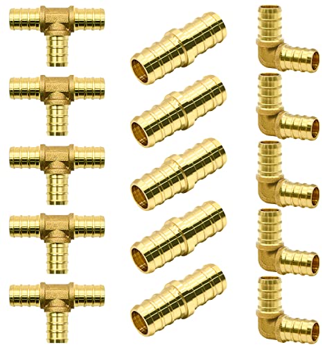 15pcs 1/2" PEX Fittings, Elbow TEE Straight Couplings Set, PEX Brass Crimp Fitting Combo with Tees, Elbows, Straights | for PEX Pipe - size: 1/2"-15pcs