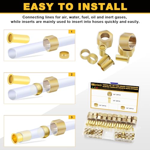 Siptenk 100PCS 3/8" Brass Compression Sleeves Ferrules & Inserts & Nuts - color: 100PCS 3/8" Fittings Sleeves Ferrules Inserts Nuts