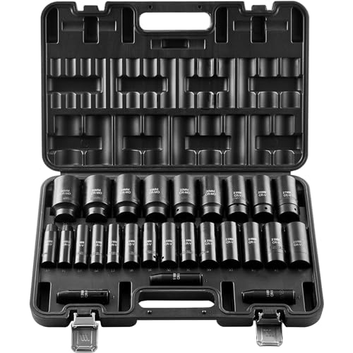 VEVOR Impact Socket Set, 26pcs x 1/2inch Metric 10mm-36mm Impact Sockets, 6-Point Deep Socket Rugged Construction High-torque, Cr-V 1/2 Inches Drive Socket Set Impact with a Storage Cage - size: 1/2" 26PCS