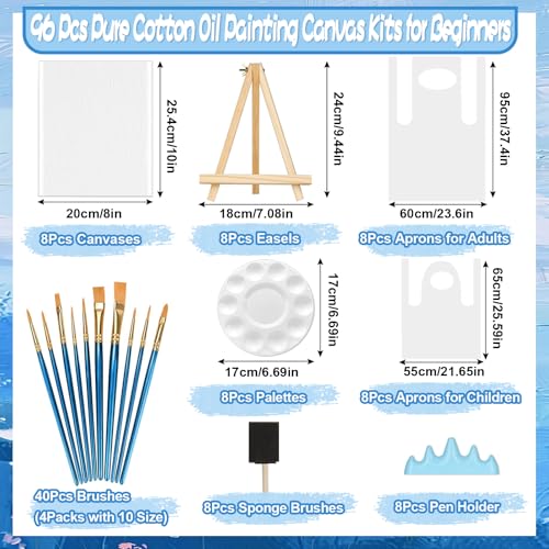 8 Pack Mini Canvas and Easel Set, 8×10 Inch Paint Party Kit Include 8 Small Easels 8 Color Palettes 8 Pen Holders 8 Sponge Brushes 16 Apron and 40 Brushes, Canvas Kit for Painting Party