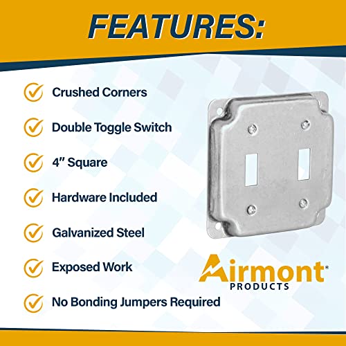 Pack of Box and Cover 4'' Square Electrical Box, 2-Gang Toggle Switch Exposed Work Cover, Crushed Corners, Welded Construction, Ten 1/2'' and Six TKO Knockouts, Raised Ground, 2-1/8'' - size: 2-Gang Toggle