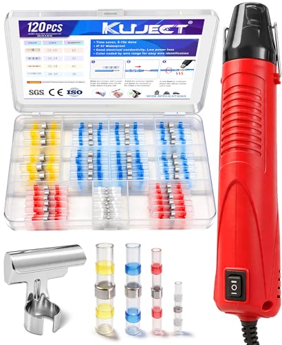 Kuject Mini Heat Gun, 120PCS Solder Seal Wire Connectors Kit, 350W Dual-Temp Heat Gun for Shrink Tubing, Waterproof Heat Shrink Wire Repair Kit with Solder Stick for Marine Automotive Truck, AWG 26-10