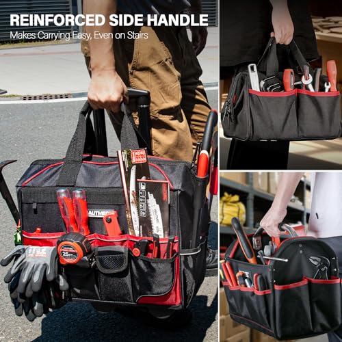 HAUTMEC 3-Piece Rolling Tool Bag Set, 18" Wheeled Tool Bag, 15" Open Top Tool Tote & 12" Wide Mouth Small Bag, Heavy-Duty 1680D Water-Resistant Tool Storage with Off-Road Wheel & Telescoping Handle - style: 3-Pcs Set | Black