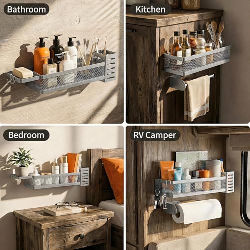 PUSDON 5-in-1 Wide Wall Mount Wrapped Mesh Kitchen Organizer & Shower Caddy Kit, with Paper Towel Holder, Utensil Holder, Soap Dish, Heavy Duty 50LBS - Silver Gray, Netting - color: Silver Grey, size: 5-in-1 Full Mesh (12.6" Wide)