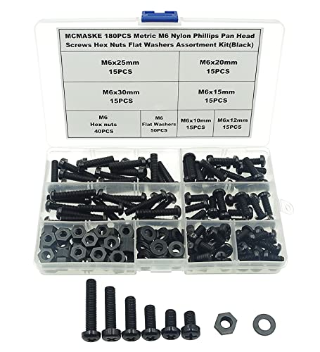 Metric M6 Phillips Pan Head Nylon Screws Nuts Flat Washers Assortment Kit, Screw Length:10mm to 30mm(Black) - size: M6