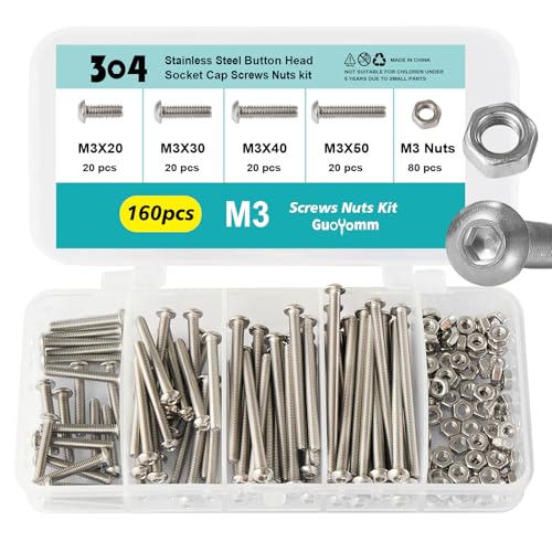 M3 x 20mm 30mm 40mm 50mm Button Head Socket Cap Screws Bolts and Nuts, Stainless Steel 304, Bright Finish, Metric Allen Hex Drive, Fully Thread, Assortment Kit 160PCS - size: Button M3x20-50mm+Nuts