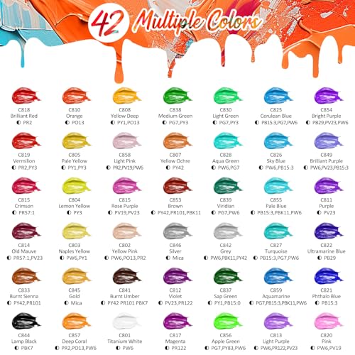 Caliart 42 Colors Acrylic Paint Set with 12 Brushes - color: Regular, size: 2 Fl Oz (Pack of 42)