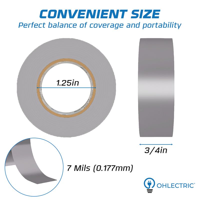 OHLECTRIC Professional Grade Vinyl Electrical Tape (10 Pack) Grey - 7 Mil Thick Flame-Retardant, Heat & Weather Resistant 3/4 Inch x 60 Feet | Ideal for Contractors & Electricians - size: 10 Roll, style: Grey