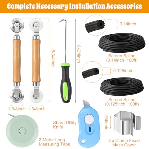 18 Pcs 48"x177" Window Screen Repair Kit Included 2 Rolls Fiberglass Mesh 4"x30ft Screen Repair Tape 8 Clips with Spline, Double Wheel Roller, Hook, Measuring Tape, and Cutter for Door Window - size: 48"x177"