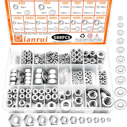 Dianrui 588PCS Metric & SAE Hex Nuts and Washers Assortment Kit, Assorted Nuts Washers 304 Stainless Steel (2#56 4#40 6#32 8#32 10#24 10#32 12#24 1/4-20 5/16-18 3/8-16 7/16-14 1/2-13 M2-M12) 21 Sizes - size: 588PCS Metric&SAE Kit