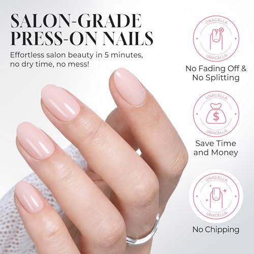 UNA GELLA 32Pcs Soft Gel Press on Nails - 16 Sizes Pastel Baby Pink Round Glue on Nails, Oval Reusable Glossy Natural Pink False Nails, Full Cover Acrylic Nail Kit for Women DIY Home Manicure