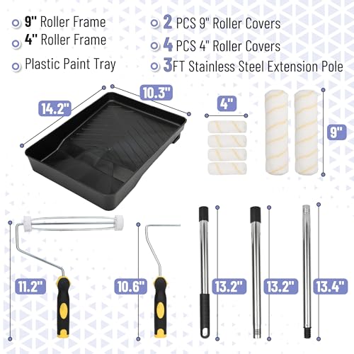 Bates- Paint Roller Kit with Extension Pole, 10 pcs, 9" & 4" Roller Frames