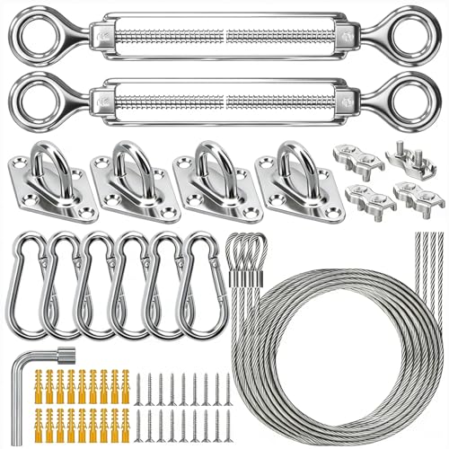 HYASIA Shade Sail Hardware Kit with Wire Ropes, 304 Stainless Steel Heavy-Duty Rustproof Turnbuckles, Hardware for Triangle Rectangle Square Sun Shade Sails, Ideal for Patios Gardens Lawns Outdoor