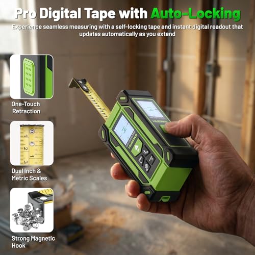 Digital Laser Tape Measure 4-in-1, HUEPAR ±1/16" Laser Measure with Dual HD Display, 200Ft Rechargeable Laser Measurement&33Ft Green Cross Line Laser&10Ft Tape, for Area/Volume/Pythagorean/Leveling