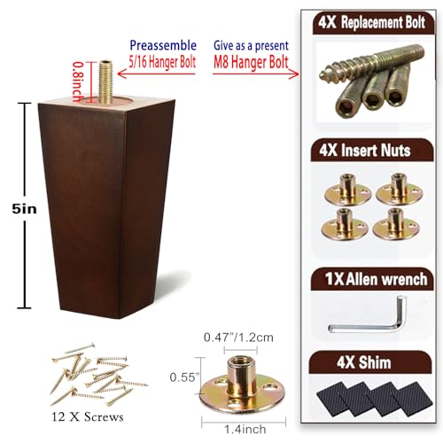 SHANJUE 5 Inch Couch Legs Wood Square Sofa Legs Replacement for Chair, 4PC - size: 5 inches