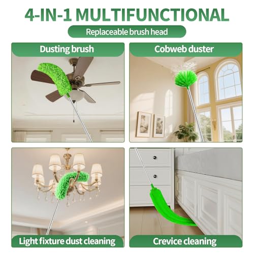 dusters for Cleaning extendable Long Handle，Webster Cobweb Duster with Extension Pole，Spider Web Remover Brush with Pole，Outdoor Web Cleaner Outside for use on Ceilings, cabinets, Walls, Light - color: Green