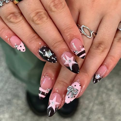 Medium Almond Press On Nails Pink Black with Y2K 3D Star Polka Dots Stripe - color: Style29