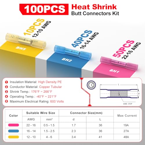 Heat Shrink Wire Butt Connector Kit Marine Waterproof Crimp Splice Terminal - size: 100 PCS
