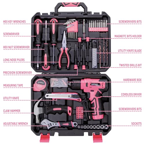 CARTMAN 150-Piece 8V Cordless Drill Hand Tool Set Pink Household Repair Kit - color: Pink