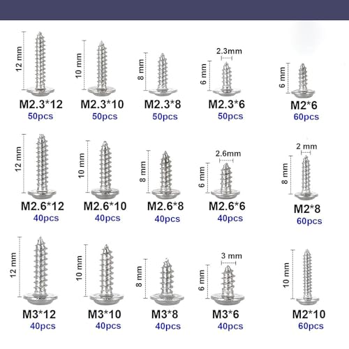 670Pcs Tiny Phillips Pan Head with Washer Self Tapping Screws, Carbon Steel, Small/Mini M2 M2.3 M2.6 M3 Wood Screws, Micro Sheet Screws Assortment Kit for Wood Electronic and Toy Repair