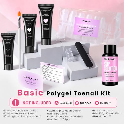 GlimightyX Polygel Toenail Kit, Clear White Pink with Toe Dual Nail Forms - color: 01-3 Colors Basic Polygel Toenail Kit
